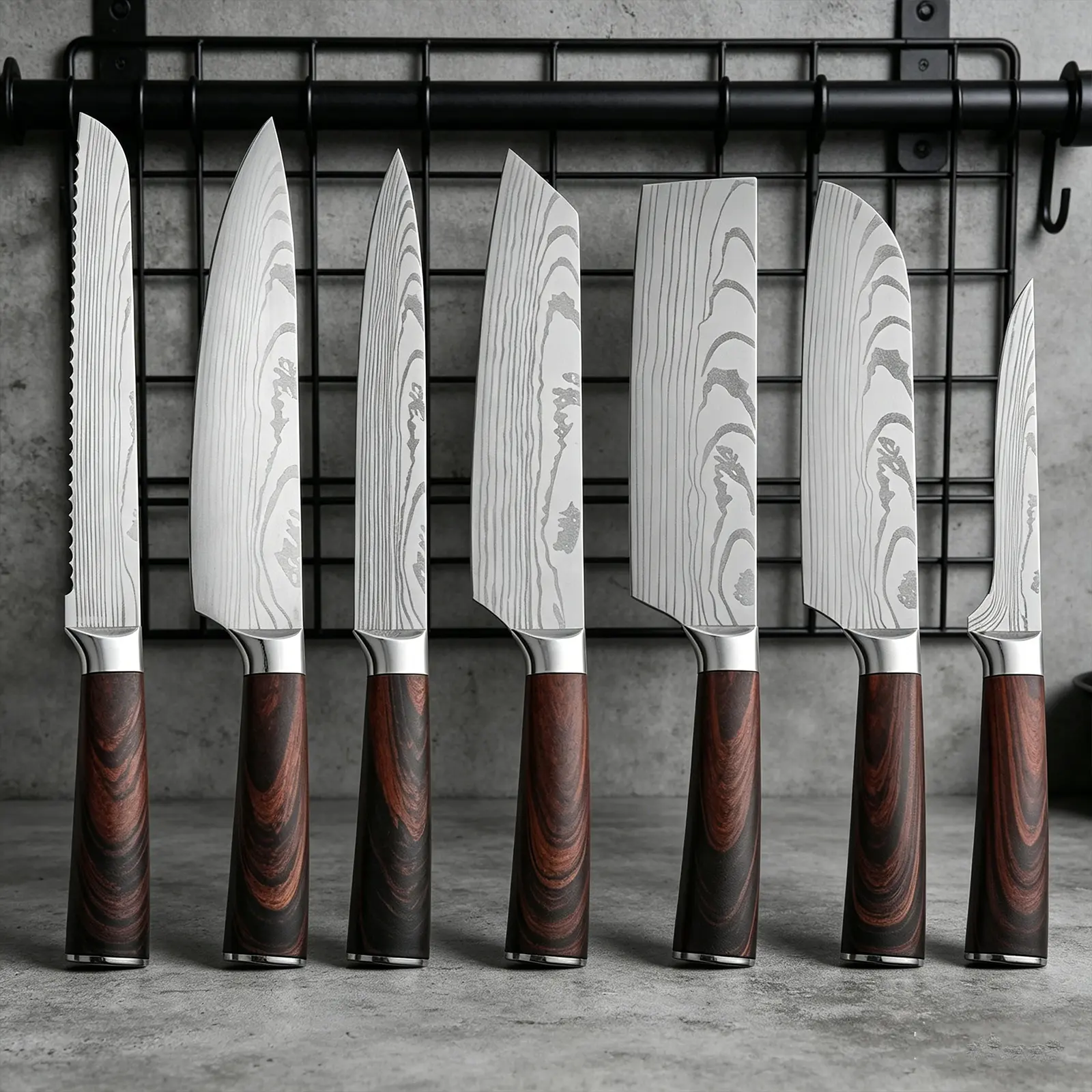 Japanese chef knife set, 7 pieces — professional cooking knives with solid wood handles; stainless steel kitchen knife model 403. Complete kitchen knife set—an excellent gift choice.
