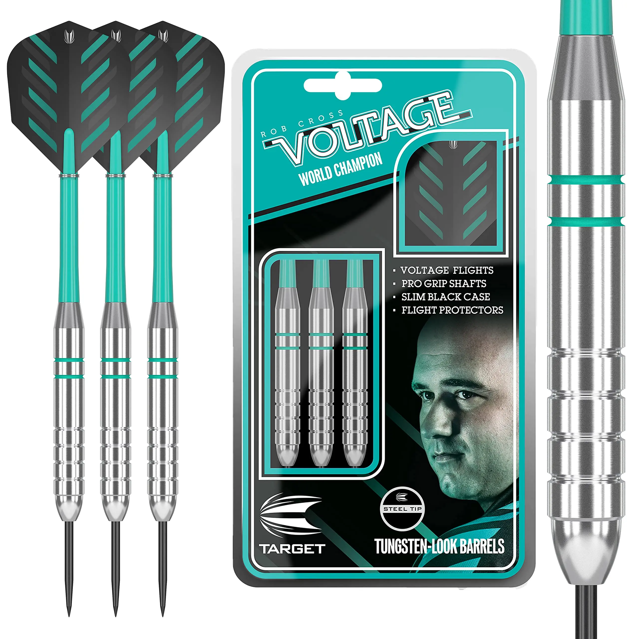 Target Darts Rob Cross Voltage 24g Brass Steel Tip Darts Set, Professional Barrels with Pixel Grip & Black Titanium Nitride Coating