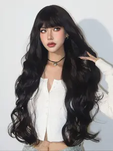 Long Wavy Bangs Wig Cap, Synthetic Hair Wig, Heat Resistant Fiber Hairpiece for Daily Use & Parties, Stylish Fashion Accessory for Women