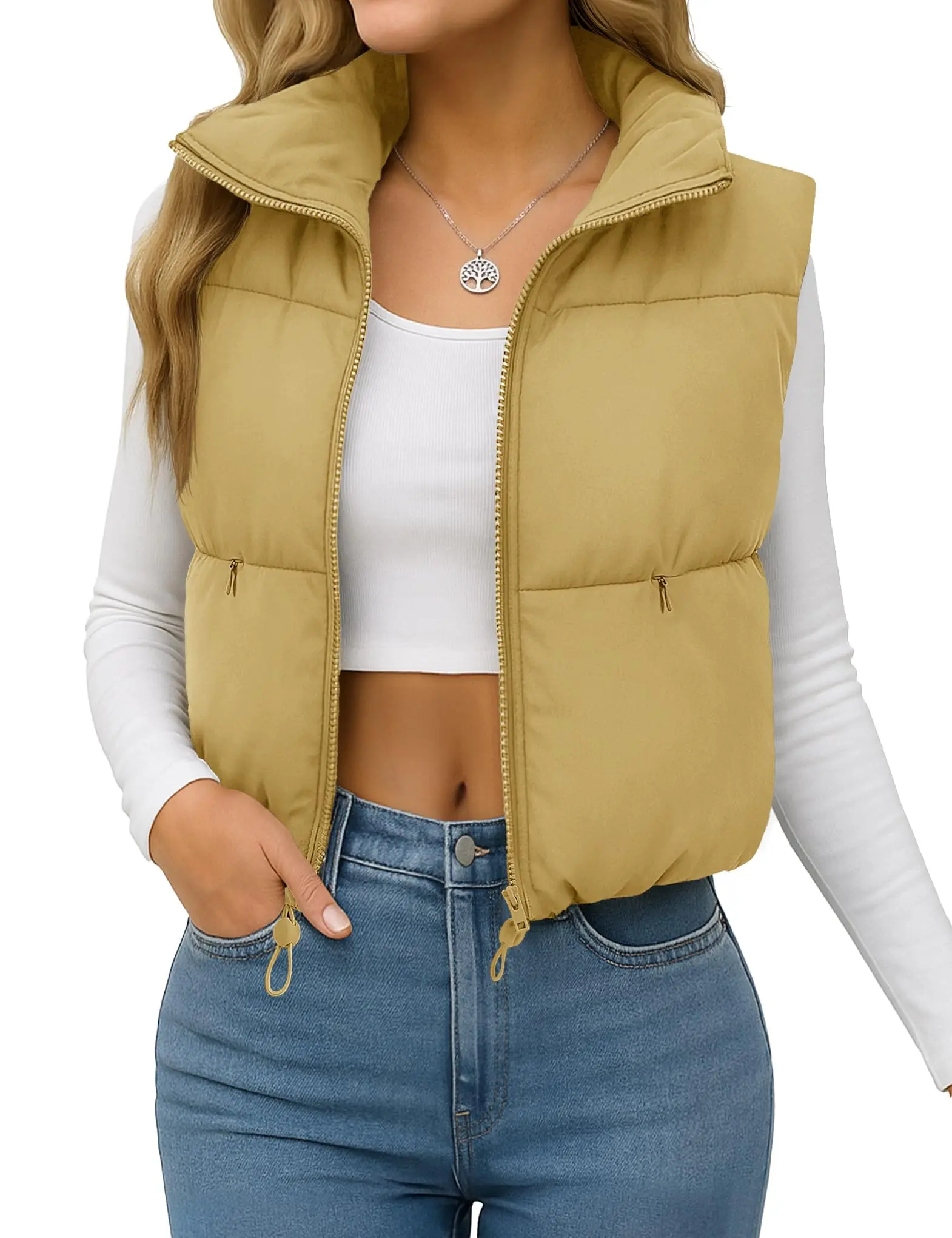YUCOLEN Women's Crop Puffer Vest Lightweight Warm Outerwear with Fashion Stand Collar Zip Up Padded Cropped Jacket Coat