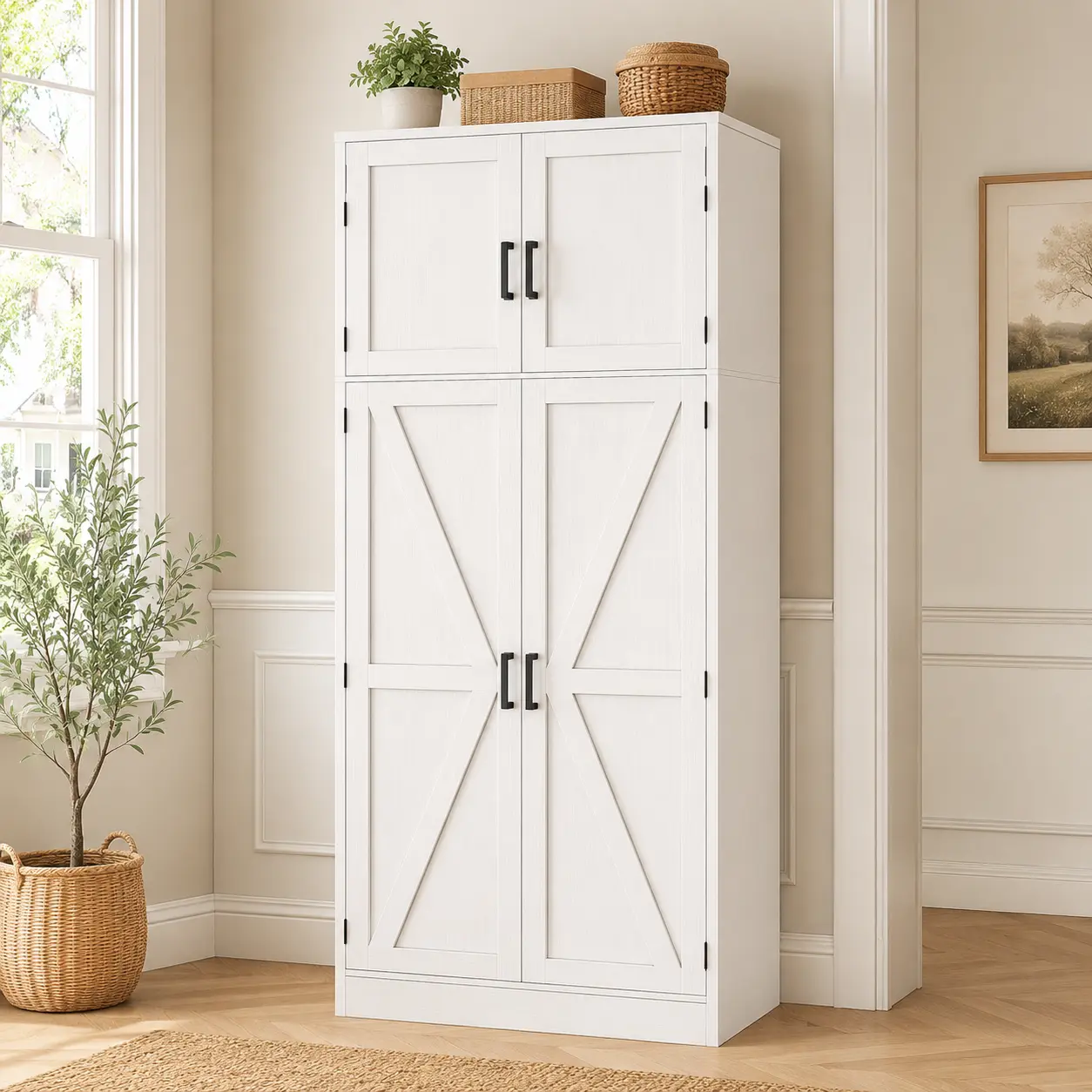 Homieasy 71'' Tall Storage Cabinet, Large Farmhouse Kitchen Pantry Storage Cabinet with Adjustable Shelves and Barn Doors, Versatile Storage Cupboard for Dinning Room, Bathroom, Living Room, White Kitchen Cabinet Organizer