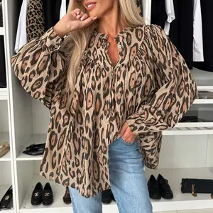 Light French Beige Oversized Leopard Print Balloon Sleeve Casual Shirt