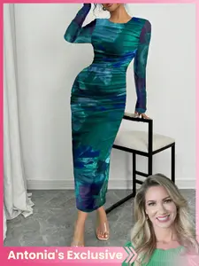 Women's Tie Dye Print Ruched Bodycon Dress, Elegant Long Sleeve Round Neck Dress for Party Holiday Wedding Guest, Ladies Fall Clothes