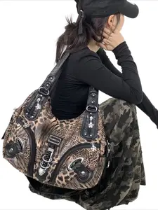 Ladies' fashionable retro Y2K spicy girl handbag, large capacity, multiple pockets, leopard print punk diagonal cross bag, washed and vegan bag, Fashionable Crossbody Bag, Casual Trendy Bag, suitable for vacation, shopping, work, holiday gifts