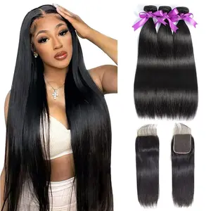 Gefily[12A]Straight Bundles with Closure Human Hair 20 22 24+16 Brazilian Human Hair Bundles with Closure Straight 100% Unprocessed Virgin Weave Hair Bundles with Lace Closure