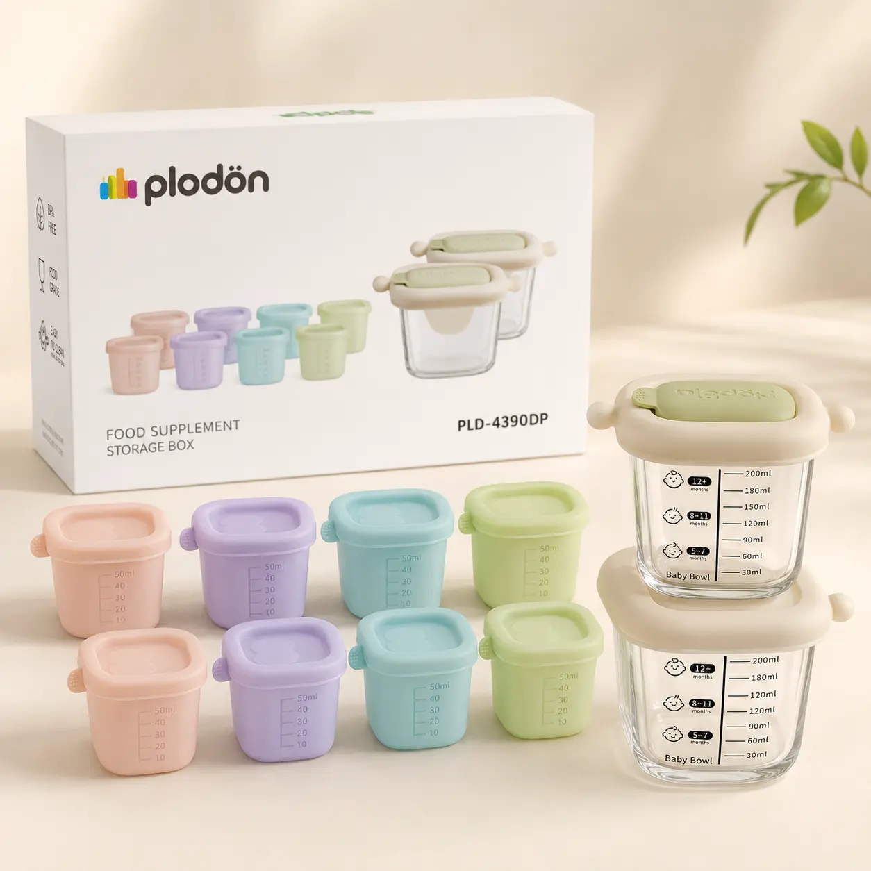 Plodon Baby Food Storage Containers Set - BPA-Free Feeding Accessories with 8 Silicone Portion Cups (Airtight Lids), 2 Glass Bowls, 50ml Mini Freezer Cups, 200ml Jars, Leak-Proof, Stackable Meal Prep Kit with Measurement Marks
