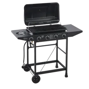 4 Burner BBQ Propane Gas Grill with Side Burner 42000 BTU Output Stainless Steel Barbecue Grill with Enamel-Coated Grates and Side Tables for Outdoor Cooking Kitchen and Patio Backyard.