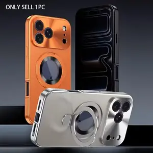 Magnetic All-Metal Aluminum alloy Cover, Casing for iPhone 17 16 15 14 Pro Max, 17 Air bracket Ring holder Stand Phone Case, Double sided protection for iPhone 17 pro with Privacy Tempered Glass And Alloy Frame, Support wireless charging