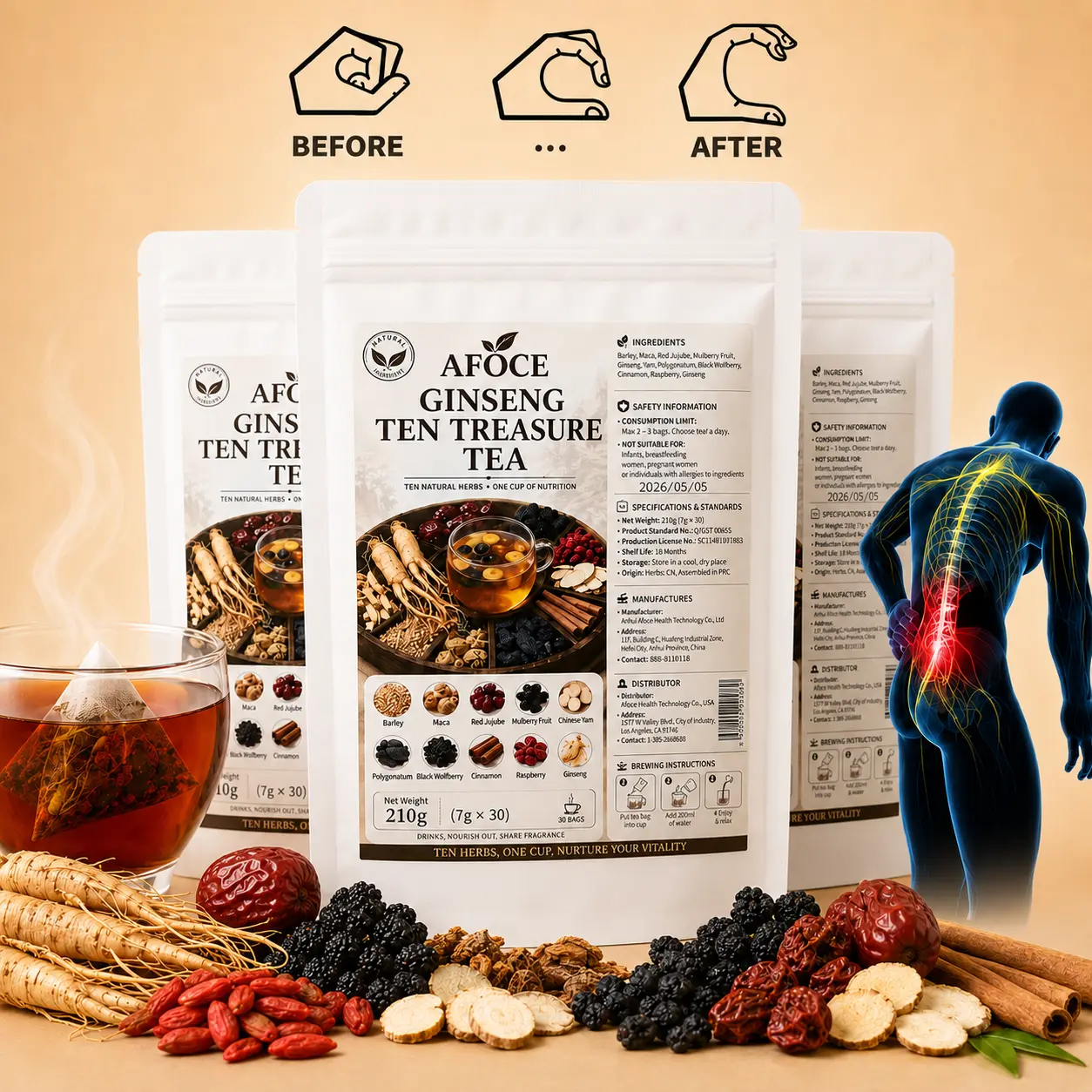AFOCE Ginseng 10-Treasure Herbal Tea, 90. IndividuallyWrapped Tea Bags, Blended Herbal Ingredients for Adults