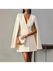 Women's Double Breasted Cape Blazer Jacket Elegant Fall Office Business Casual Solid Color Coat