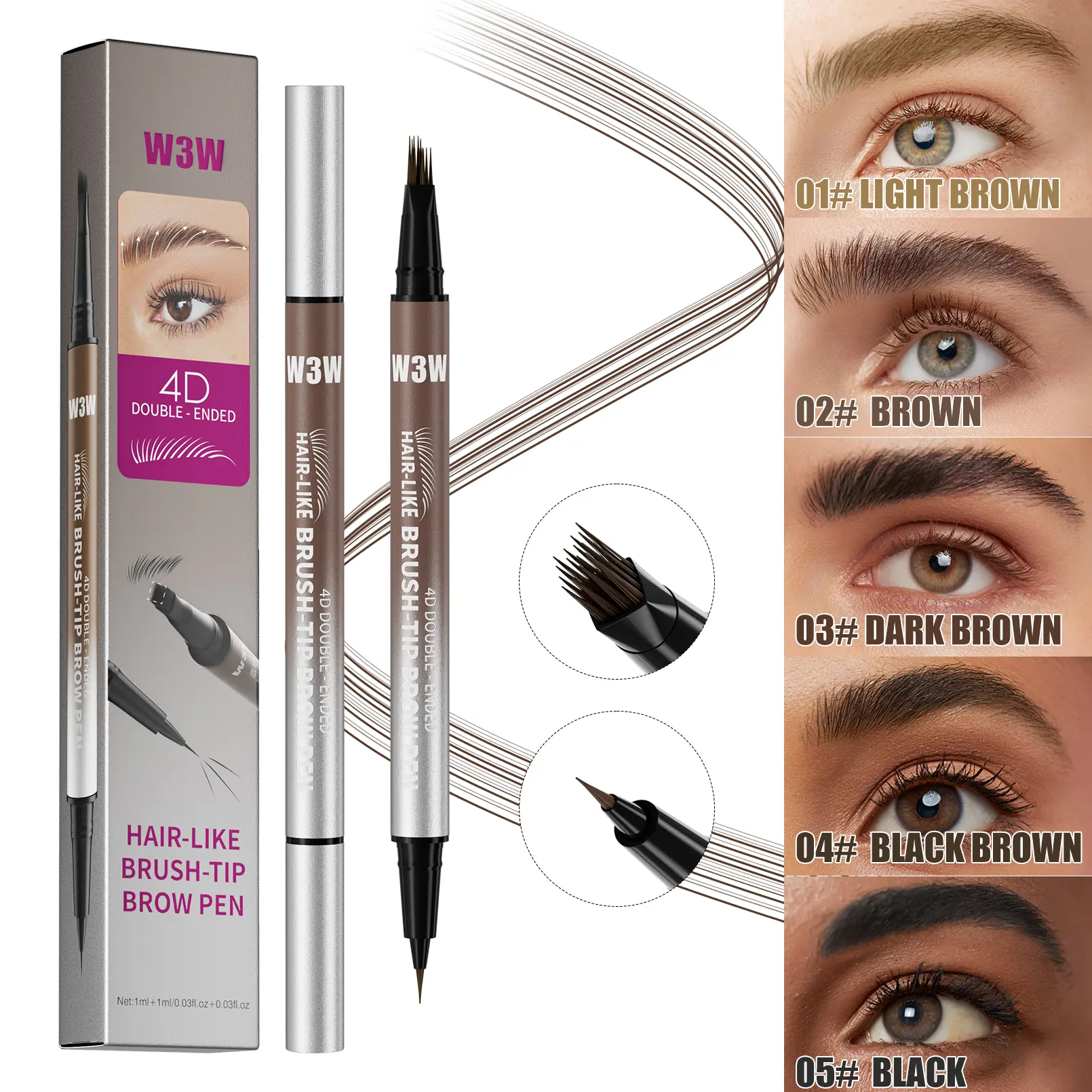 Original 4D Brush Tip Waterproof Microblading Eyebrow Pen, 2-in-1 Dual-Ended, Natural Hair-Like Strokes, Long-Lasting