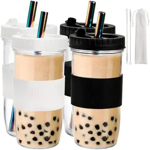 4 Pack 24 Oz Reusable Boba Cups with Lids and Straw, Iced Coffee & Smoothie Cups, Bubble Tea & Mason Jar Style with Silicone Sleeve, BPA Free, Dishwasher Safe, 2 Colors