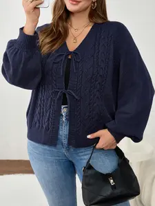 Plus Size Women's Blue V Neck Knit Cardigan Knitwear, Casual Long Sleeve Pullover, Fall & Winter Fashion, Comfortable Plain Design