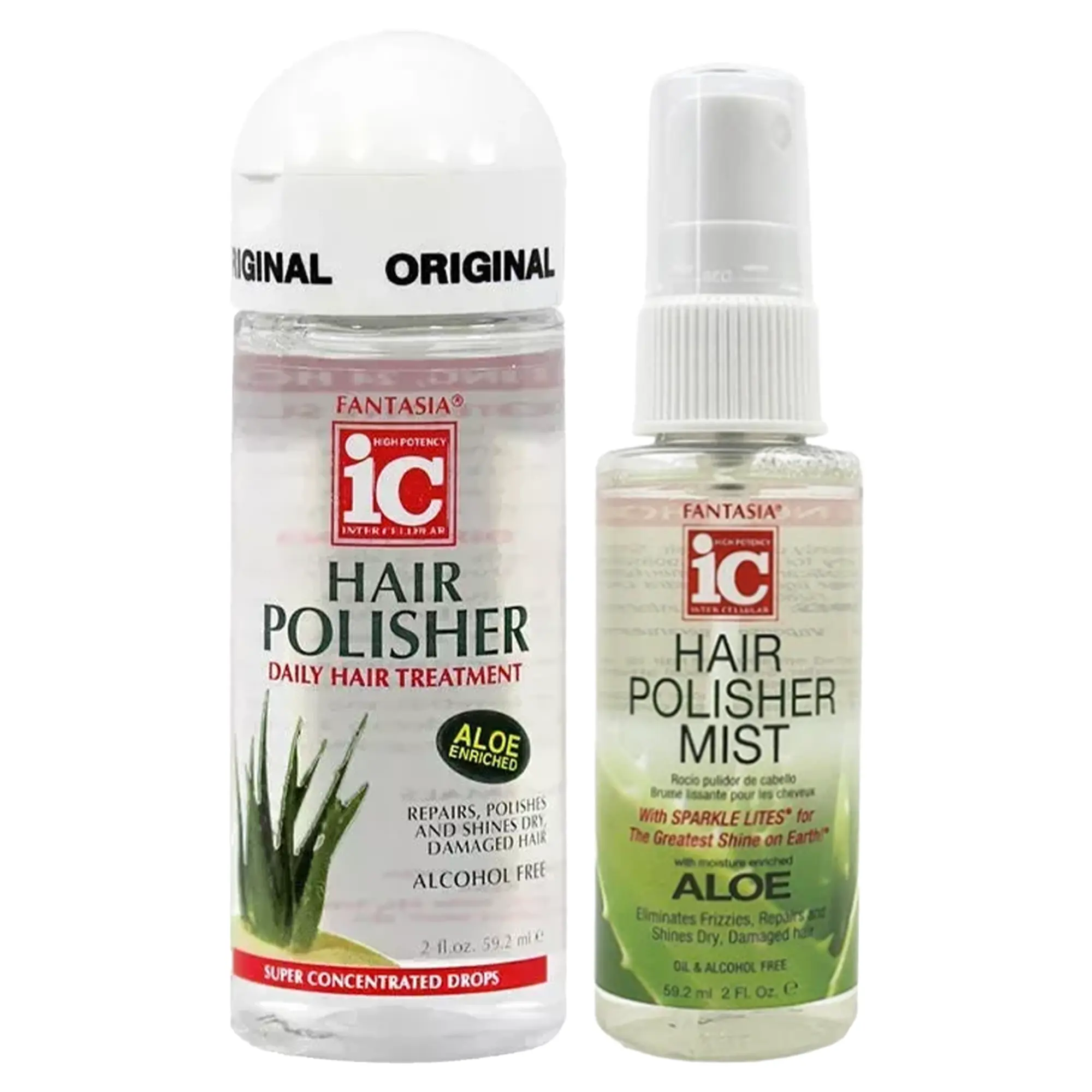Fantasia IC Hair Polisher Travel Kit with Aloe Serum & Mist, Lightweight Hair Treatment to Smooth, Hydrate & Control Frizz - 2-Piece Duo (2 oz), Haircare Bundle, Aloe Barbadensis Leaf Extract, Duo With Aloe Serum & Mist