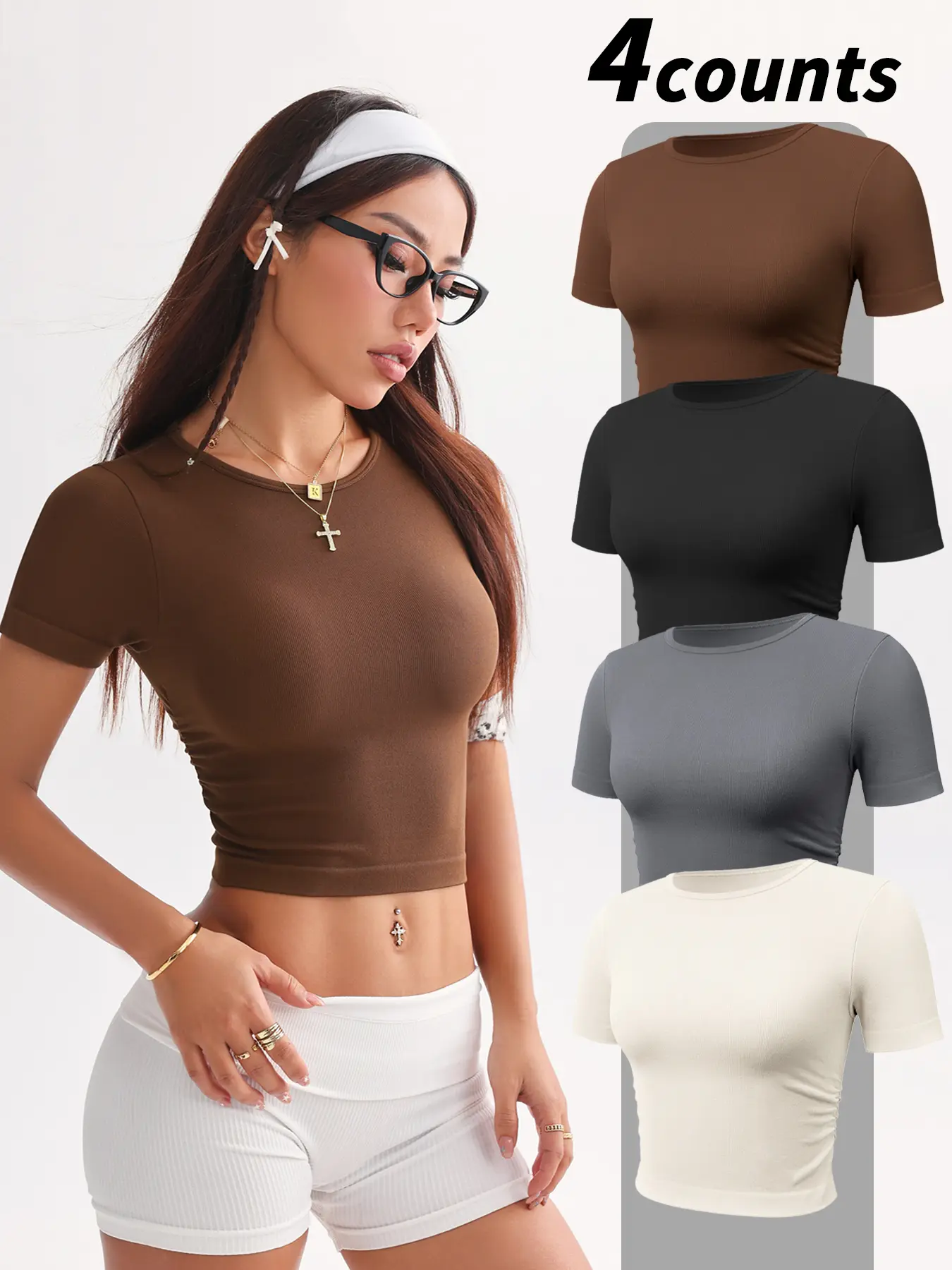 HIJESSE Women's Ribbed Crew Neck Short Sleeve Crop Top, High Elastic & Form-Fitting, Slim Fit Casual Basic Tee for Everyday Wear, Streetwear & Yoga