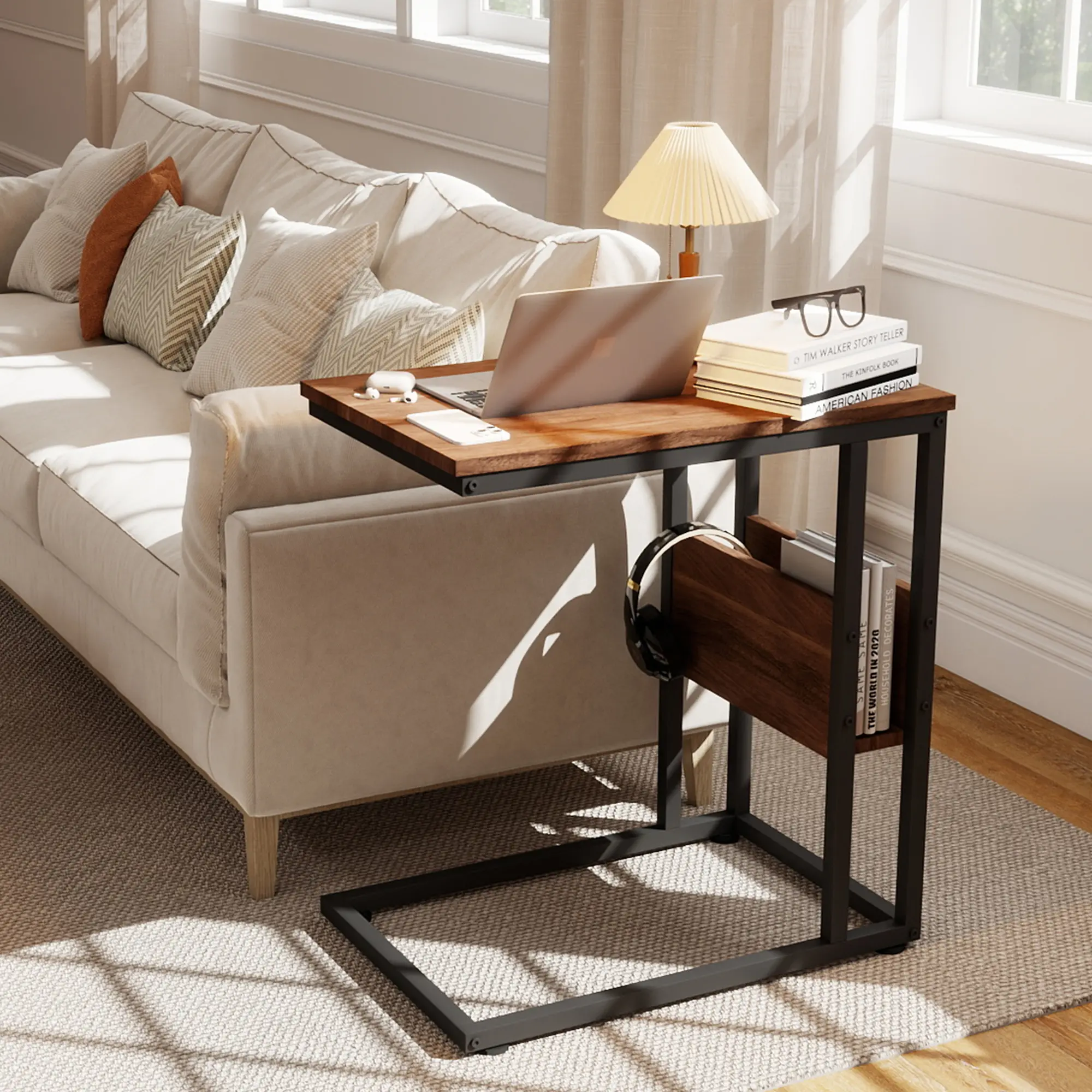 C Shaped End Table, C Shaped Under Couch Slider, Small Wood Under Sofa Sliding Side Table, for Living Room, Bedside, Laptop, Computer, TV Dinner, or Recliner, Walnut summerwins