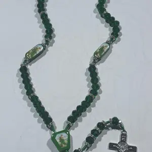 Rosario de Cristal Precioso de San Judas Tadeo Green and White Virgin of Guadalupe Rosary Necklace