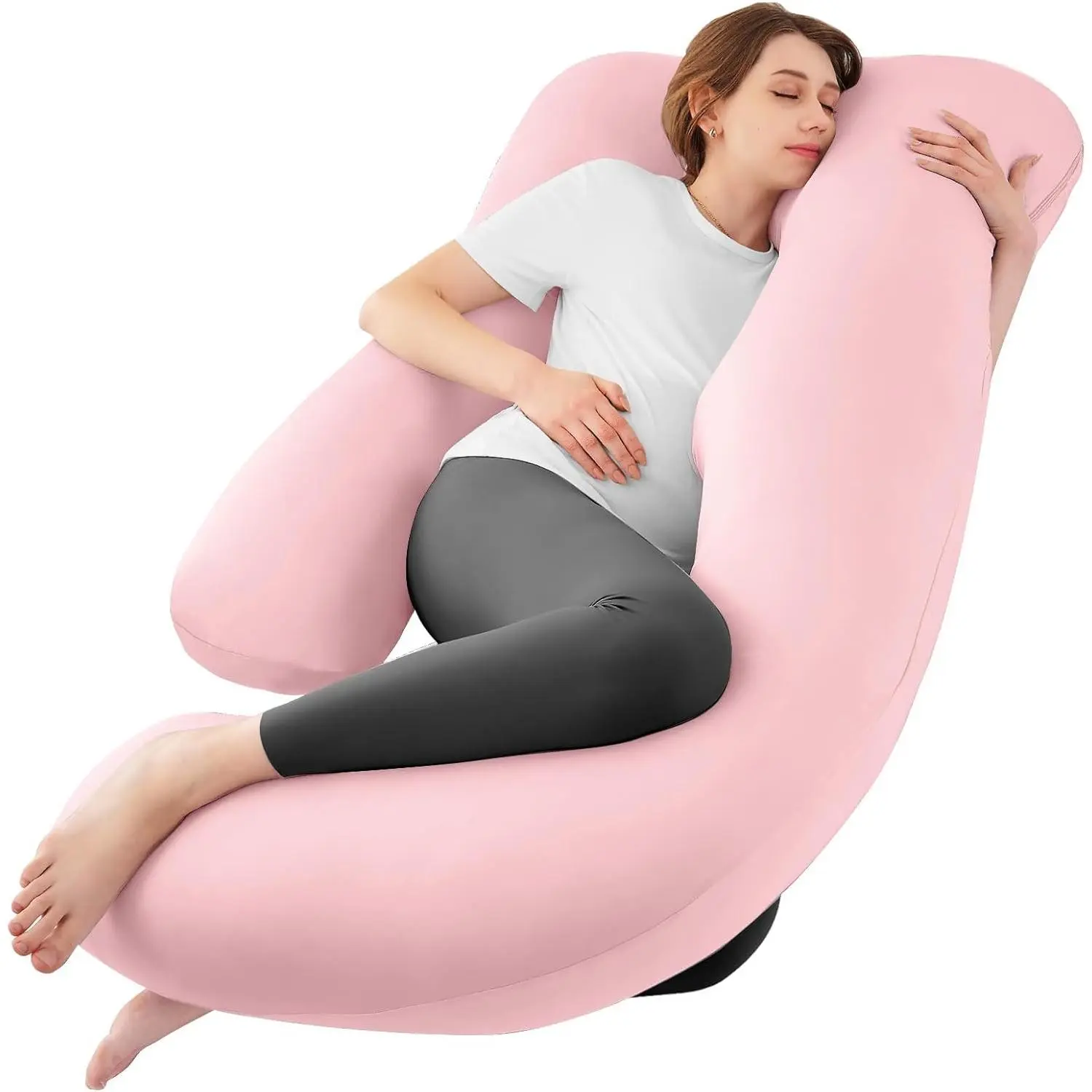 U-Shaped Pregnancy Pillow with Cooling Fabric, Ergonomic Full Body Support for Side Sleeping Moms, Supportive Maternity Sleep Aid for Baby Bump with Adjustable Removable Cover, Solid Light Pink, Mom, Reading