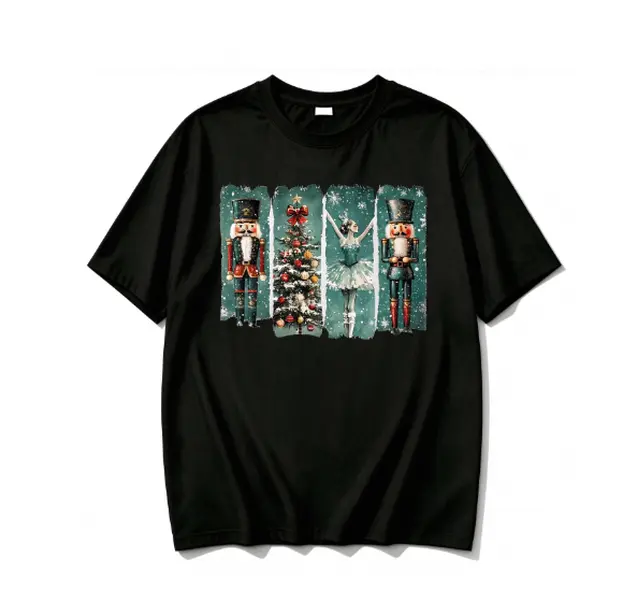 Women's Vintage Nutcracker Ballerina Christmas Tree Graphic T-Shirt - Casual, Stylish, Festive Unisex Short-Sleeve Tee with Cotton-Polyester Blend for Winter Holiday