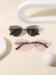 Women's Retro Fashion Cat Eye Trendy Vintage Sunglasses, Frameless Design, Practical and Stylish, Ideal for Daily Outdoor Travel Accessories, Vintage Rimless Sunglasses