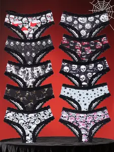Morvia 10pcs Sexy Cute Gothic Halloween Contrast Lace Hipster Panties, Allover Print Comfy Intimates Briefs Panties, Women's Underwear & Lingerie, Lace Trim Panty