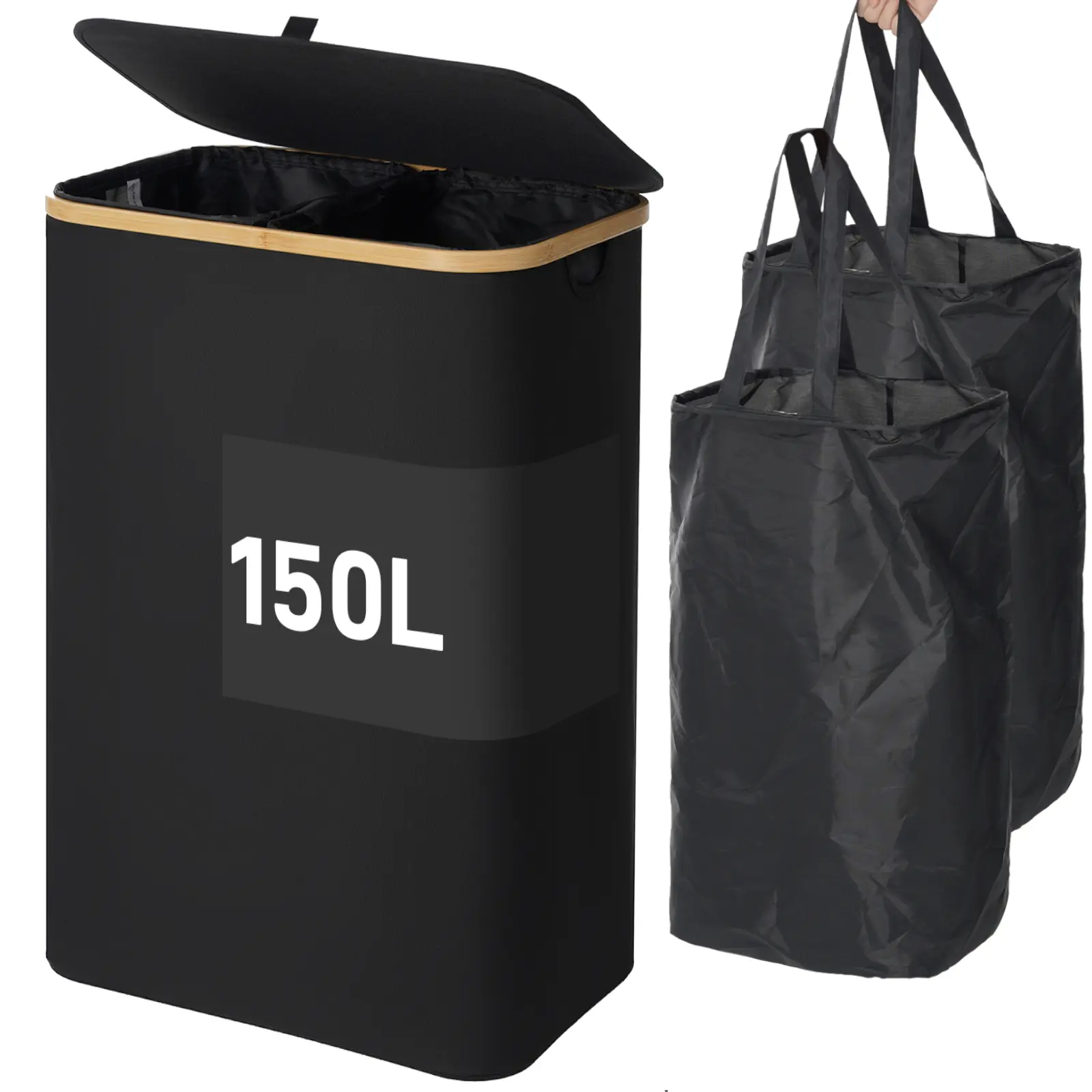 Laundry Hamper with Lid, 150L Polyester Large Laundry Hamper with Bamboo Handle, Collapsible Clothes Basket Organizer with 2 Removable Inner Bag for Clothes Toys Towels, Bedroom, Bathroom, Dorm, Laundry Room