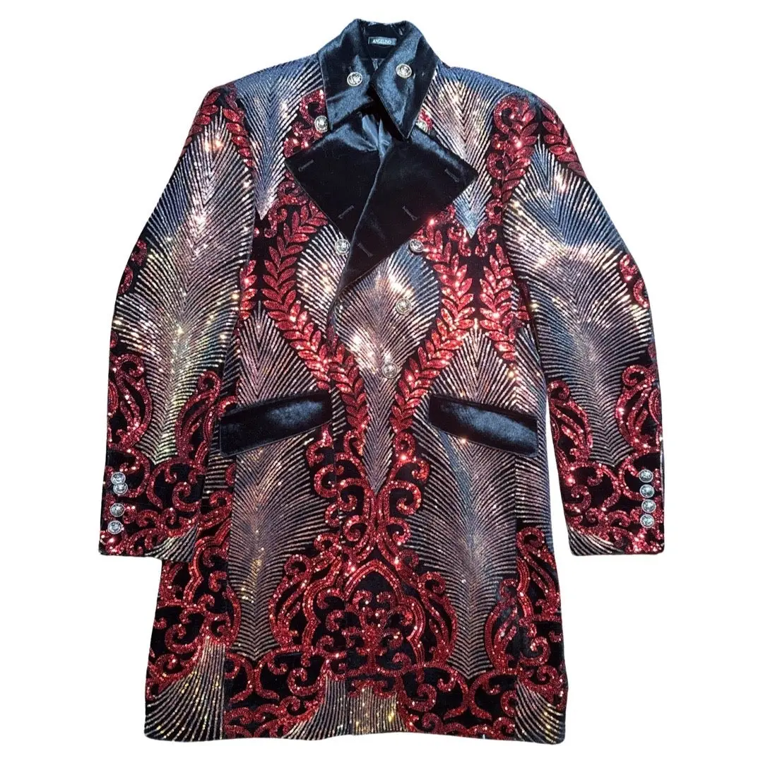 Angelino Red Sequin Double Breasted 3/4 Long Coat