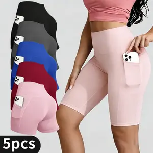5PCS Women's Sports Shorts with Pockets, Black Cycling Shorts, Quick-Dry Outdoor Fitness Workout Leggings, Stretchy High-Waist Tummy Control Butt-Lifting Fit, Yoga Tights, Women's Running Training Knee-Length Pants,  dolphin shorts cheeky shorts