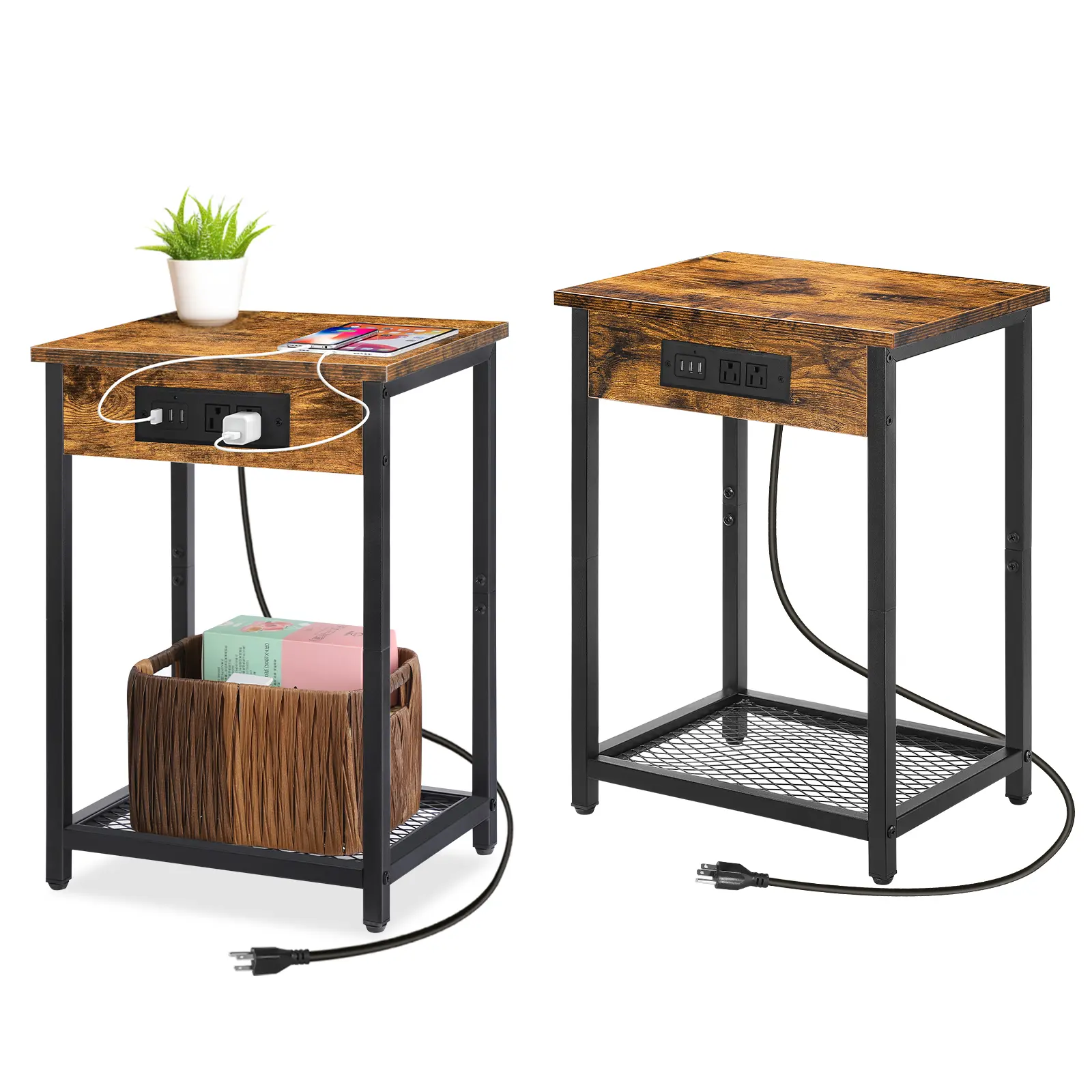 1pc-2pc Industrial Bed Side Tables with Charging Station, USB Ports, Power Outlets, Storage for Bedroom Farmhouse Home Organizer