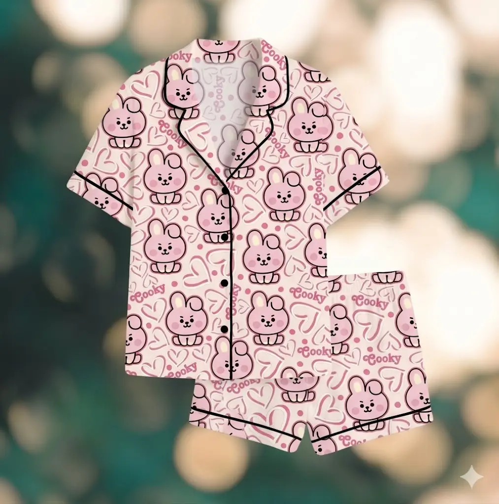 Cute Pink Bunny Pajama Set,cooky pajama, Kawaii Cartoon Sleepwear, Soft Girl Lounge Set, Kpop Inspired Cozy Pajamas for Women