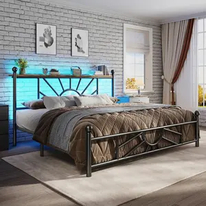 【1300 lbs Capacity】King Queen Full Metal Bed Frame with Headboard & LED, NO MATTRESS,Under Bed Storage Space & Strong Metal Slats, Iron Bed Frame, Noise-Free, Easy Assembly, Modern Bedroom Furniture,Easy Assembly,Black