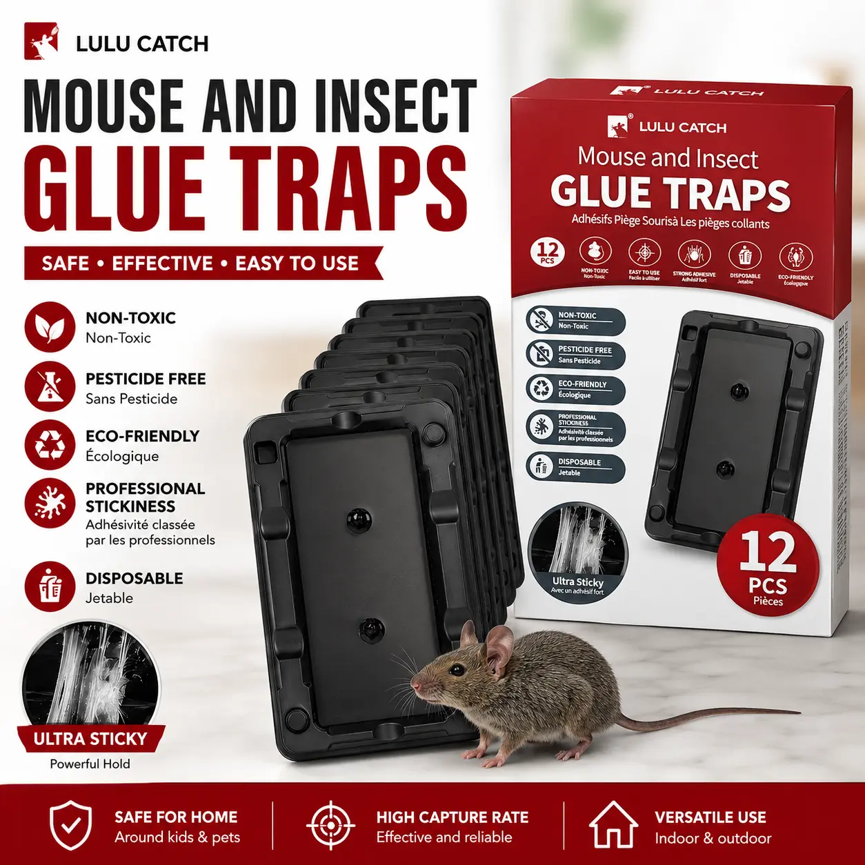 LULUCATCH Mouse & Insect Traps 12 Pack, Heavier Sticky Traps with Non-Toxic Glue for Small Mice & Insects. Sticky Mouse Traps Indoor for Home, Easy to Set