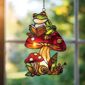 Reading Frog On Mushroom Suncatcher Cottagecore Book Lover Gift Whimsical Toadstool Decor Librarian Frog Reading Art