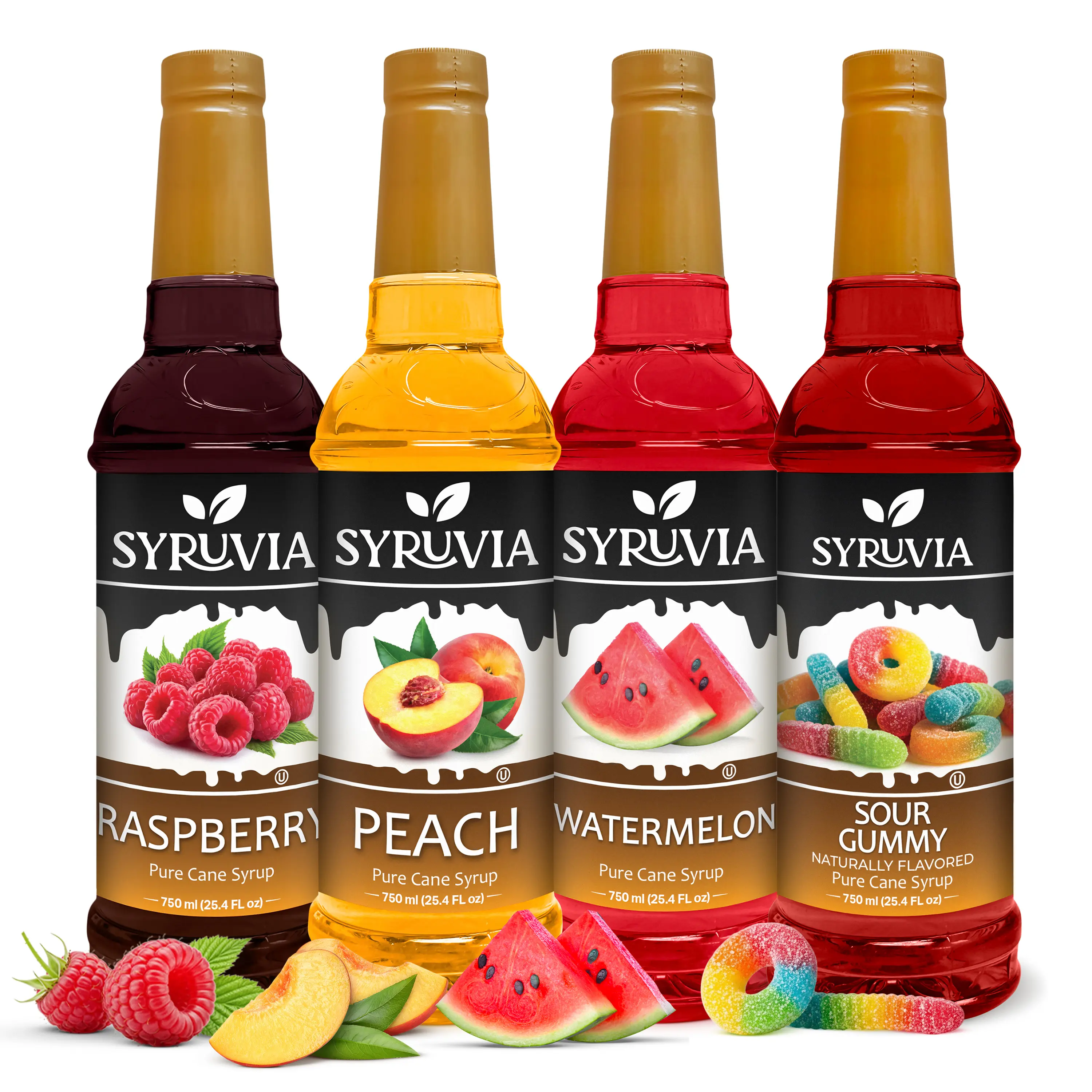 Syruvia Fruity Syrup Variety Pack – Raspberry, Peach, Watermelon & Sour Gummy Flavored Syrup – Perfect for Cocktails, Mocktails, Lemonades, Iced Tea & More – 25.4 Fl oz Bottles (4 Pack)