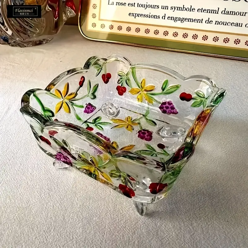 A Vintage Glass Salad Bowl, Fruit Bowl with a Floral Design, Perfect for Use in The Living Room Or Dining Area, Ideal for Home Decor, Suitable for Serving Various Desserts And Snacks, And Makes a Wonderful Gift, Decorative Bowls