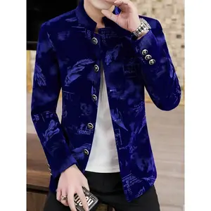Men's Geometric-Patterned Polyester Blazer Jacket with Asymmetrical Stand-Up Collar - Navy Blue & White Modern Design, Regular Fit Non-Stretch Woven Fabric for Spring/Fall, Mature Style Casual & Formal Wear, Formal Attire, Sophisticated Fas