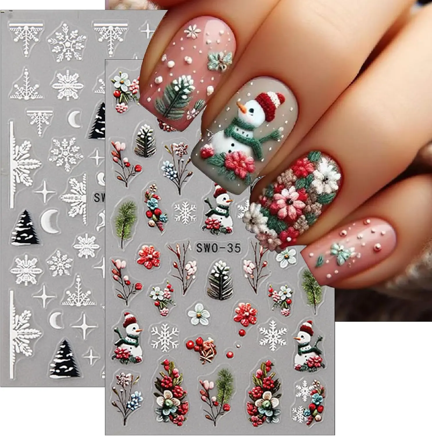 2 Sheets 5D Christmas Embossed Nail Art Stickers Snowflakes Nail Decals Cute Snow Trees Bells Winter Design Self-Adhesive Pegatinas Uñas Xmas Nail Stickers Santa Claus Nail Decals for Women Manicure
