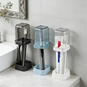 Toothbrush Holder with Cup/Cover Contains 3 Slots, Compatible with Conventional Toothbrushes, Can Store Toothpaste. Light ,Plastic, Adjustable, Organiser Mount Wall Sterilizing family bathroom decor