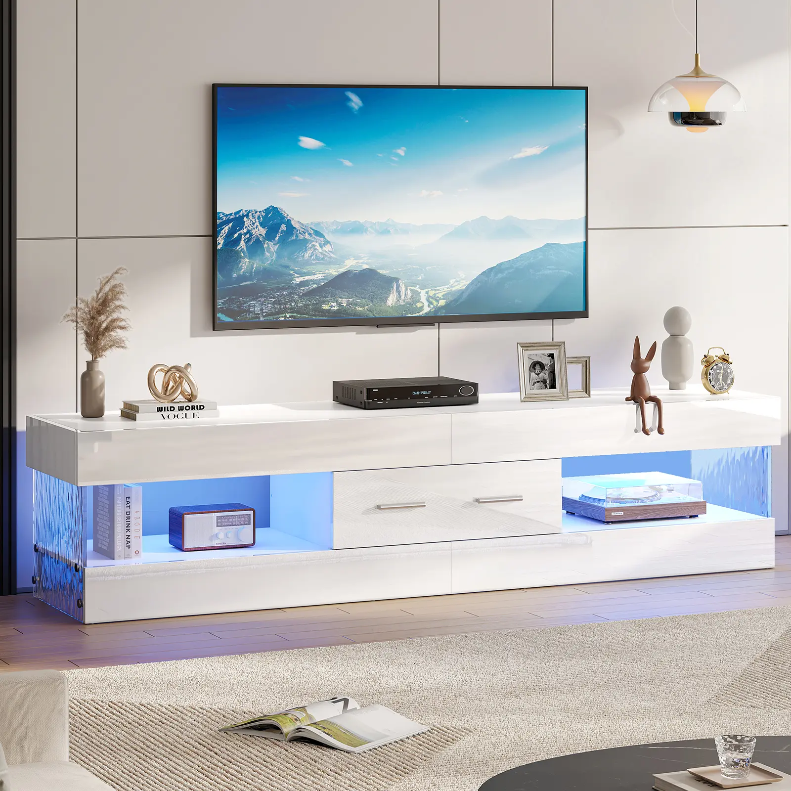 Bestier 66.9" High Gloss LED TV Stand with Storage Drawer, Modern RGB Media Console with Water Ripple Acrylic Side Panels, Remote Color Changing Lights, Entertainment Center Fits Up to 75 Inch TV for Gaming Room & Living Room