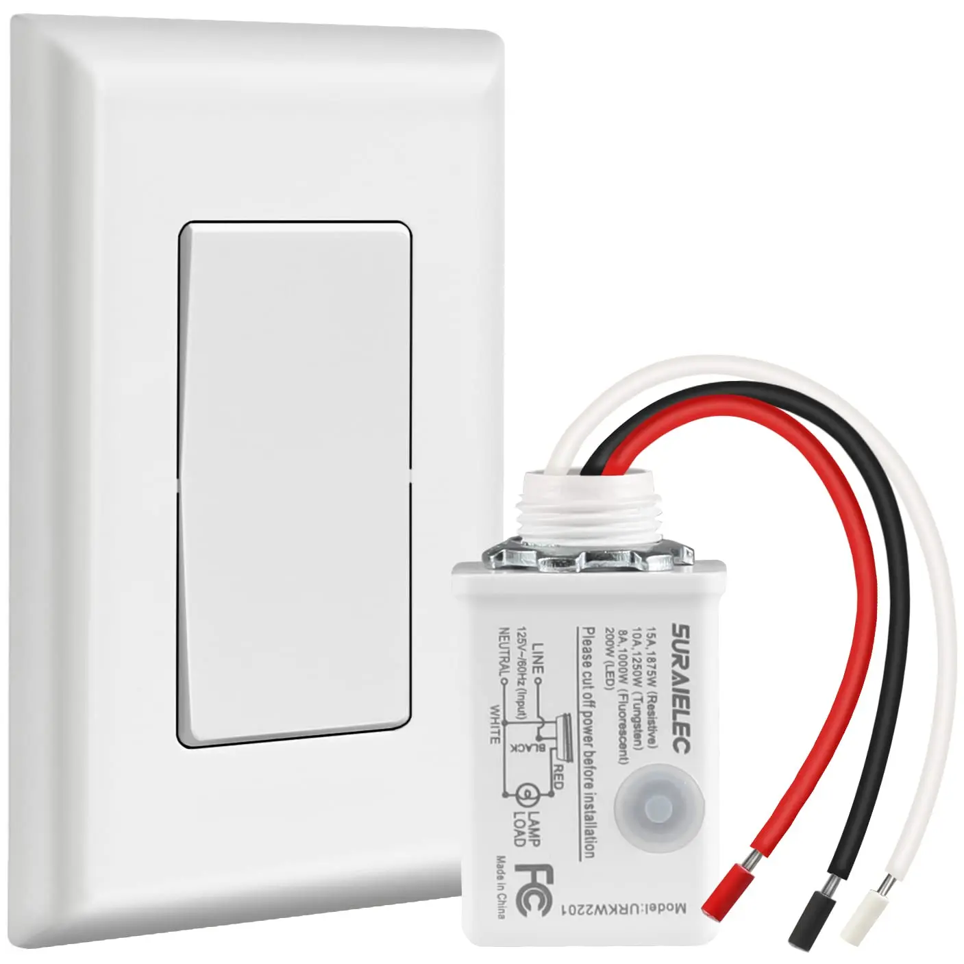 Suraielec Wireless Light Switch and Receiver Kit, 15A High Power, No Wiring, 100ft RF Range, Programmable Remote Control 3 Way Wall Switches for Lamp, Ceiling Light, Fan, Outdoor Lighting Outlet