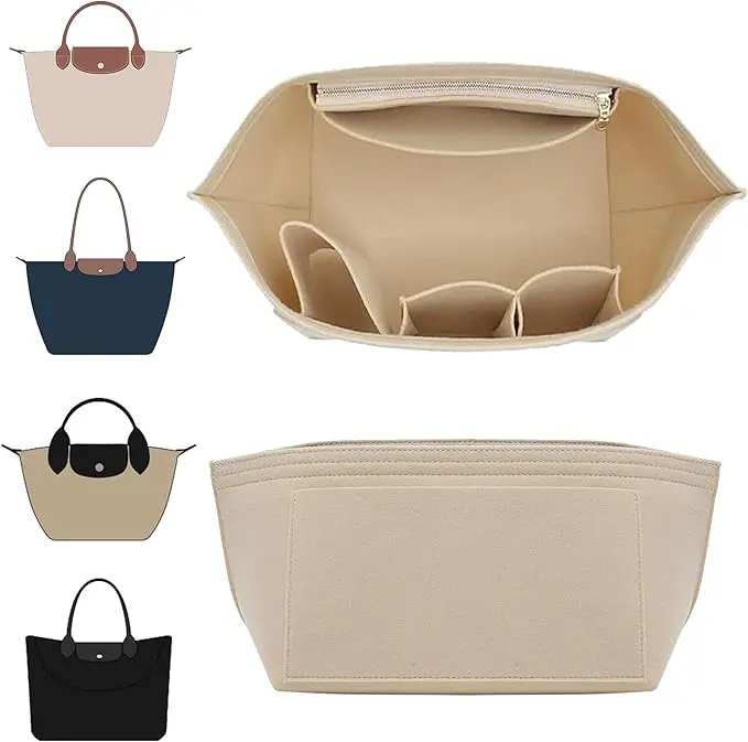 Minimalist Felt Tote Organizer Insert for Large Handbags, Lightweight Handbag Divider with 8 Pockets, Zippered Inner Pouch & Cup Holder, Lightweight Organizer, Portable Travel Accessory, Unisex, Soft, Travel Use, Commute