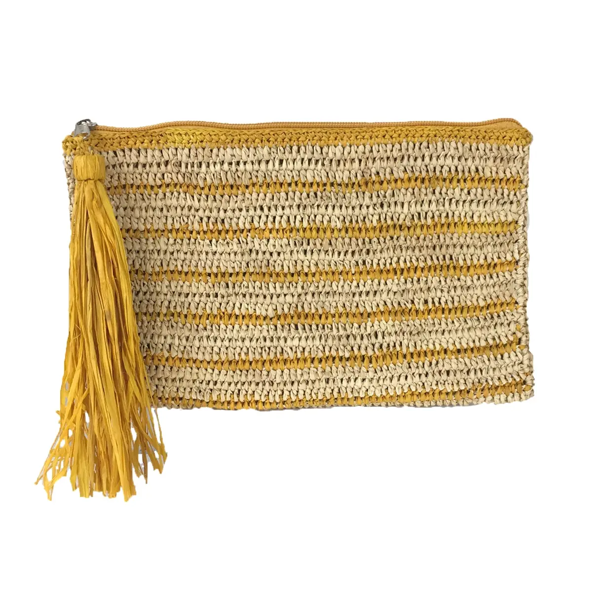 Mar Y Sol Women's Casual Wristlet - Lightweight Kylie Boho Striped Crochet Raffia Envelope Clutch with Tassel and Bamboo Detail