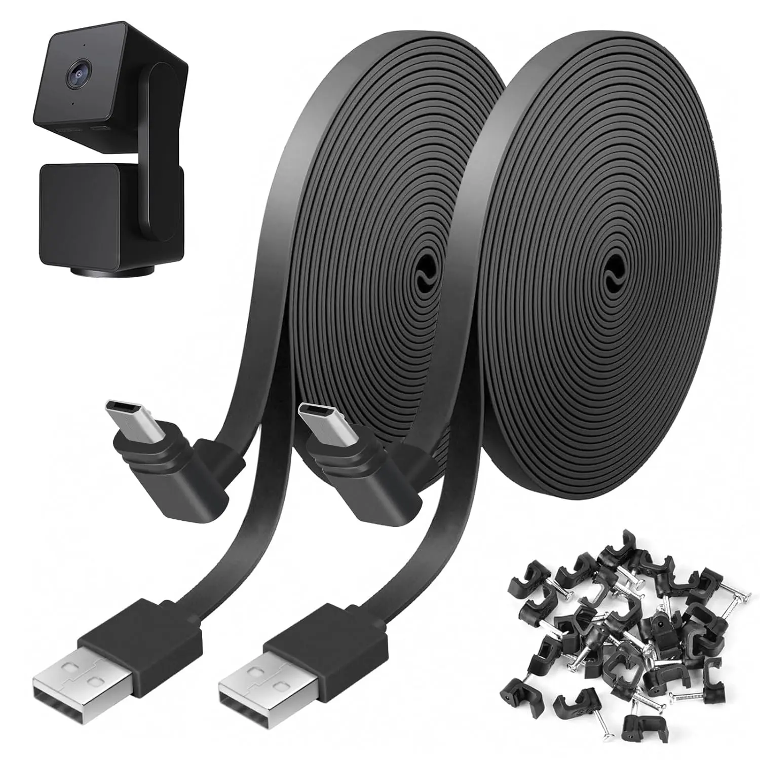 2-Pack 25ft Power Cord for Wyze V3, Flat L-shaped 90-Degree Micro USB Charger for Outdoor Use, Includes Clips - Black, Wireless, Camera, Power Clips, Doorways, 25Ft/7.5M, Flexible Wire, Cable, Accessories, 2Mm, Installation, V3 Specific, Behind Furniture,