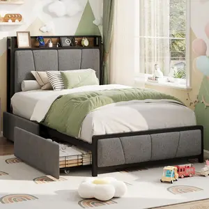 Twin-XL Size Rustic Linen Upholstered Platform Bed Frame with Rustic Look, 2 Storage Drawers, USB Charging Ports, Storage Headboard, Cotton Padding, Heavy-Duty Construction, No Box Spring Needed, Easy Assembly, Noise-Free Design