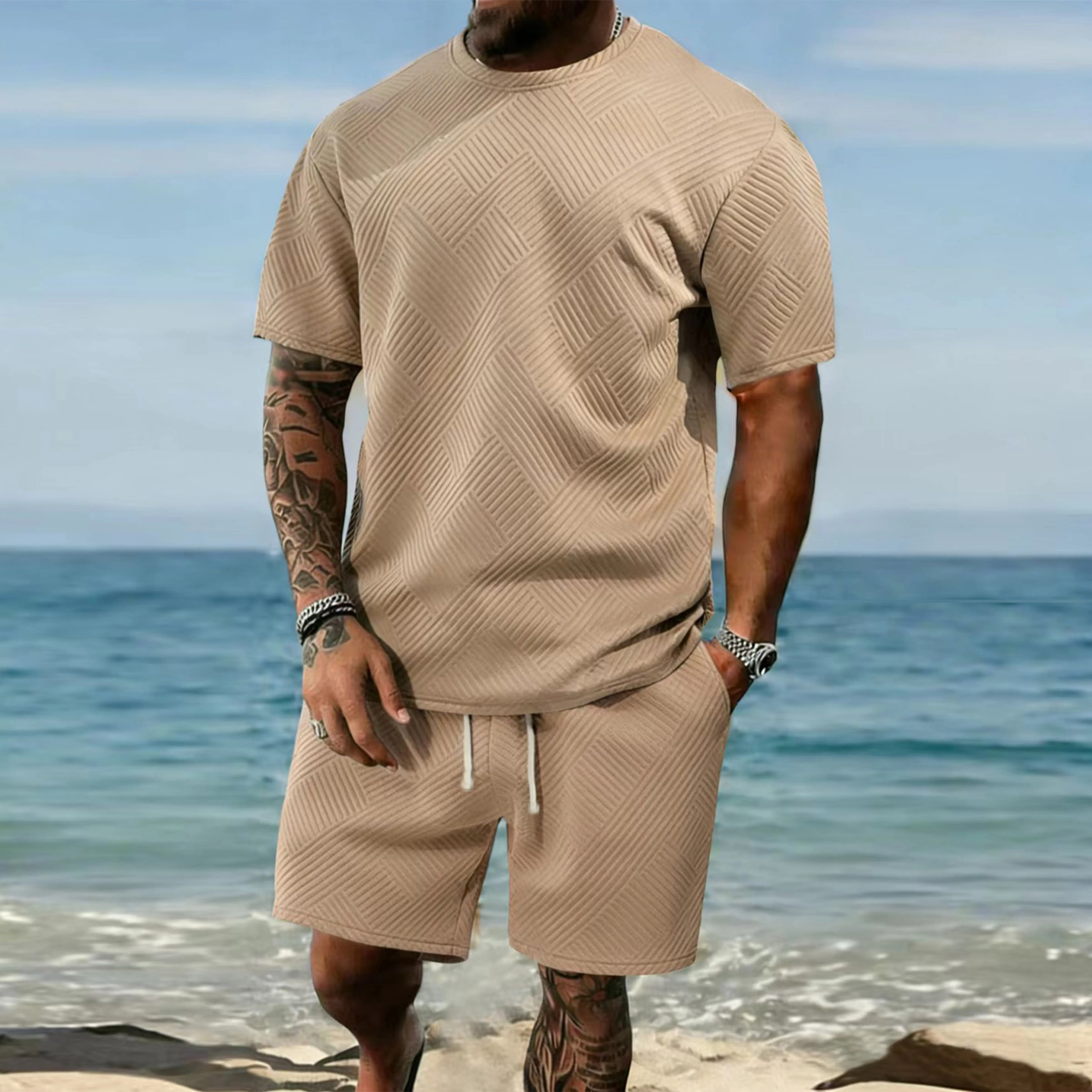 Men's 2-Piece Minimalist Loose-Fit Breathable Short-Sleeve Top & Shorts Clothes Set - Menswear for Sporty Casual Everyday Wear, Beige Fabric Outfit