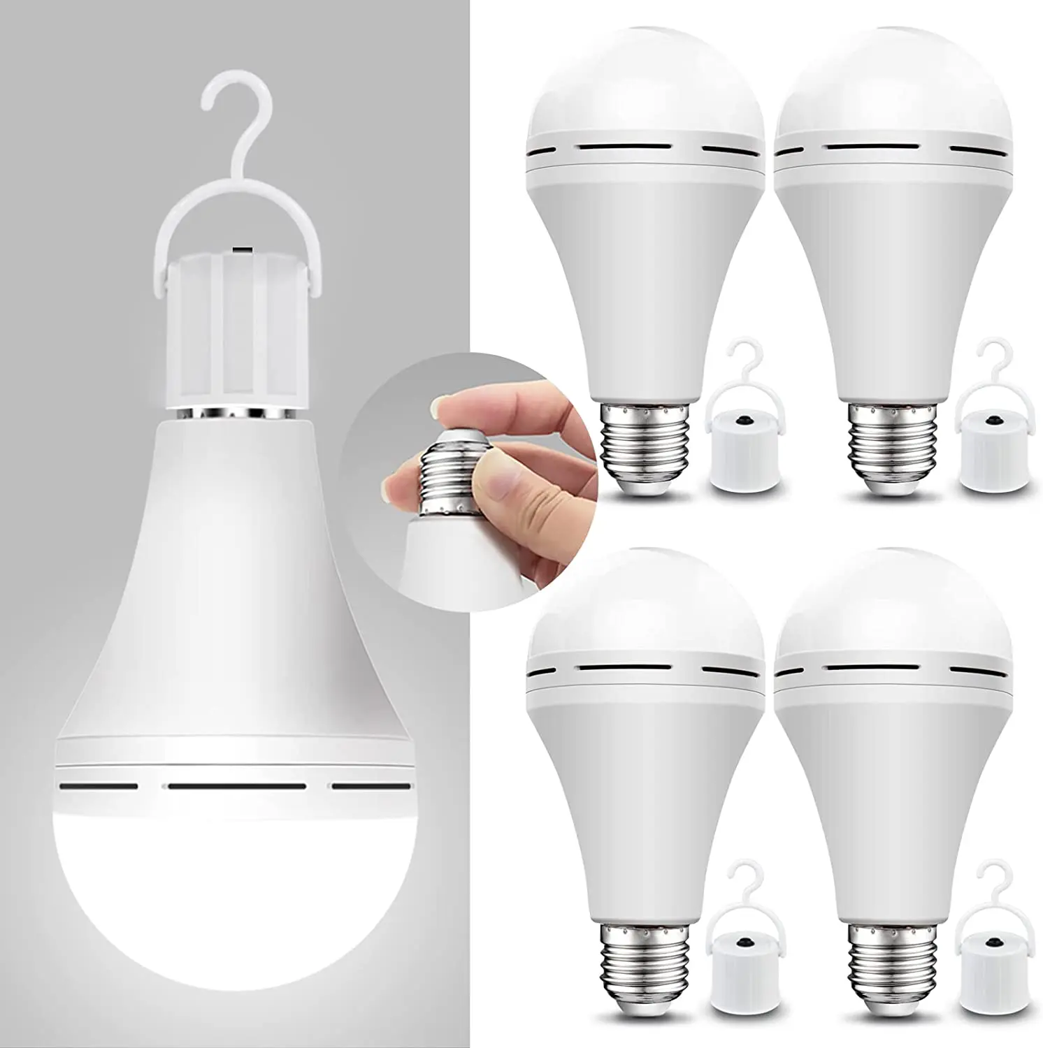 4-Pack E27 Rechargeable Emergency Light Bulbs, 12W 1200mAh Battery-Powered, 60W Equivalent 800-999 lm Warm White, With Hook, Ideal for Home Power Outages, Garage, Warehouse, Office, Earthquakes, Flooding