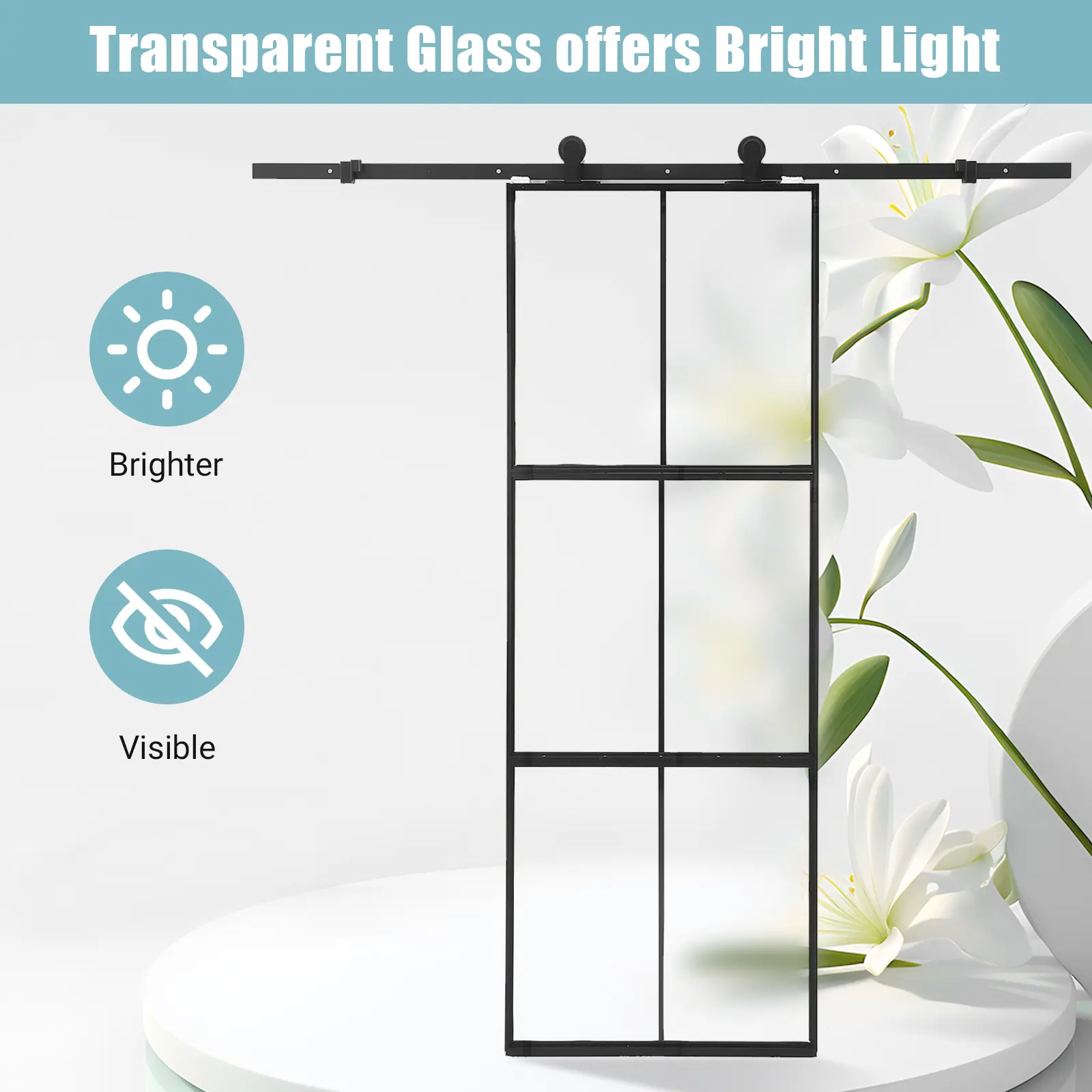 36 x 84 Inch Frosted Glass Barn Door, Metal Frame Sliding Door with 6 FT Top Mounted Hardware Kit & Soft Close, 3-Window Design, Easy to Assemble