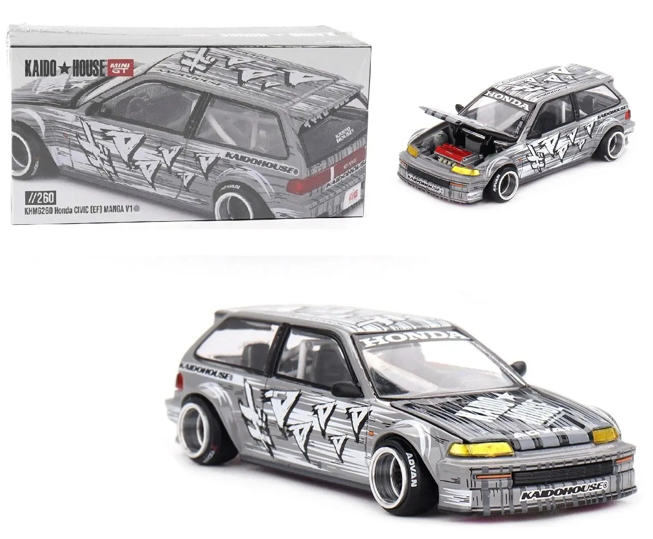 Kaido House x Mini GT 1:64 Honda Civic (EF) Kaido Manga V1 Silver Diecast Model KHMG260-2C