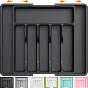 Large Silverware Drawer Organizer, Expandable Utensil Tray for Kitchen, BPA Free Flatware and Cutlery Holder, Adjustable Plastic Storage for Spoons Forks Knives, Large, Black