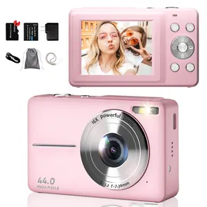Digital Camera 44MP & 1080P HD, 16X Digital Zoom, 2.4" LCD, Rechargeable Compact MINI & Portable Point and Shoot Camera for Photography, with Anti Shake, 32G Memory Card, Comes with Charging Head – Ideal Gift for Boys, Girls, Teenagers, and Beginners Pink